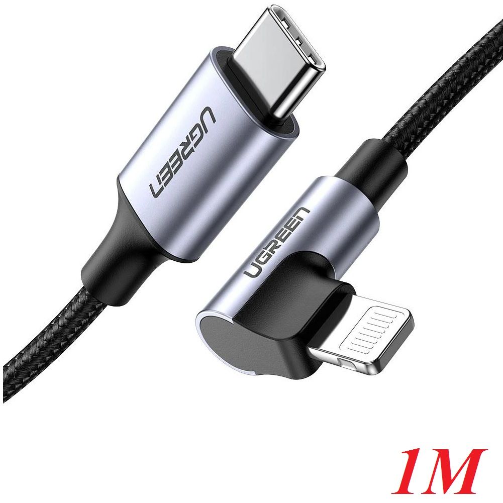 Ugreen 60763 1M MFI đầu lightning bẻ 90 độ cáp USB type C ra Lightning bọc nhôm chống nhiễu màu đen US305