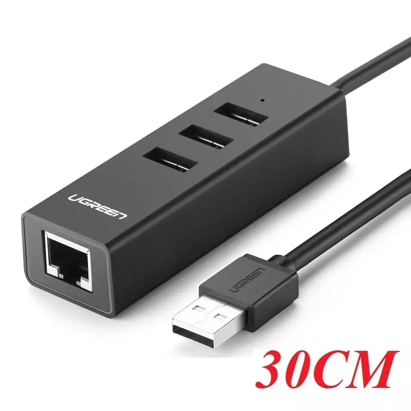 Ugreen 30301 30CM màu Đen HUB chuyển đổi USB 2.0 sang 3 USB 2.0 + LAN hổ trợ 100Mbps CR129