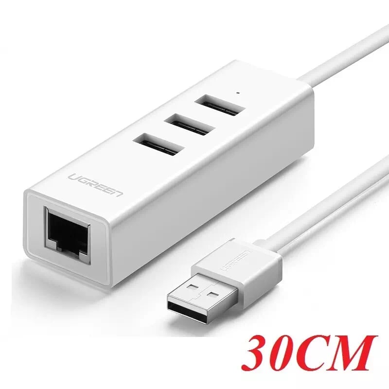 Ugreen 30297 30CM màu Trắng HUB chuyển đổi USB 2.0 sang 3 USB 2.0 + LAN tốc độ 100Mbps CR129