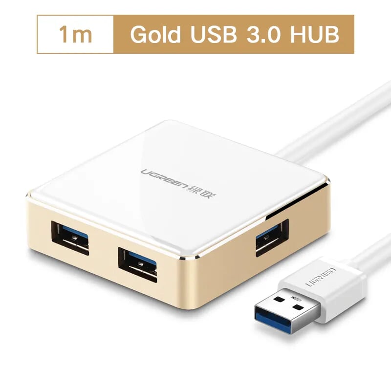 Ugreen 20784 1M màu Vàng Bộ chia HUB USB 3.0 sang 4 USB 3.0 vỏ hợp kim nhôm hỗ trợ nguồn 5V US168