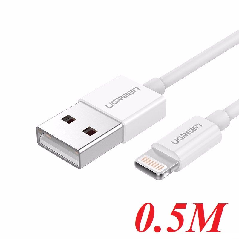 Ugreen 80313 50CM màu trắng cáp Lightning ra Usb 0.5M mạ nickel chống nhiễu có chíp MFI chính hãng US155