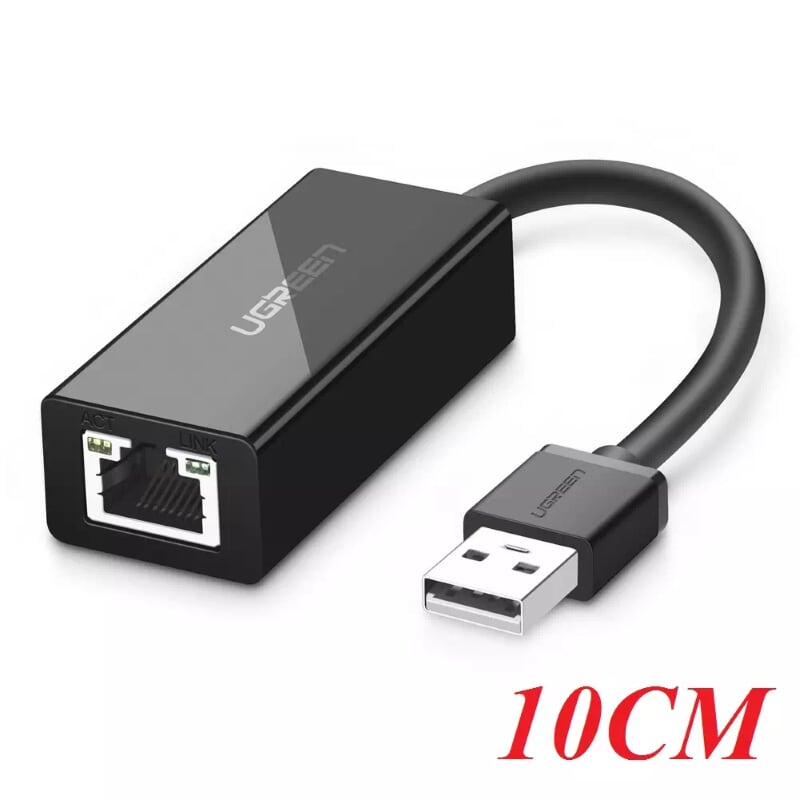 Ugreen 20254 10CM màu Đen Cáp chuyển đổi USB 2.0 sang cổng LAN RJ45 tốc độ 100Mbps vỏ nhựa CR110