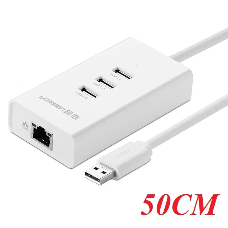 Ugreen 20259 50CM màu Trắng HUB chuyển đổi USB 2.0 sang 3 USB 2.0 + LAN tốc độ 100Mbps CR102