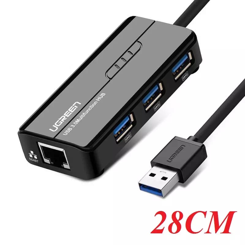 Ugreen 20265 28CM màu Đen HUB chuyển đổi USB 3.0 Sang 3 USB 3.0 + LAN cao cấp hỗ trợ tốc độ 1 Gbps 20265