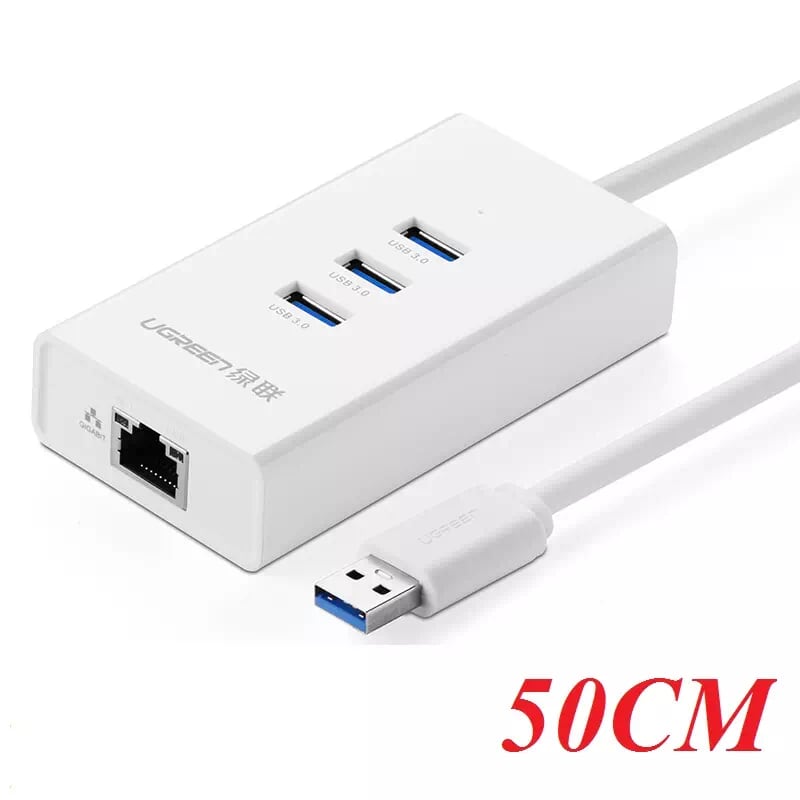 Ugreen 20260 50CM màu Trắng HUB chuyển đổi USB 3.0 sang 3 USB 3.0 + LAN tốc độ 100Mbps CR102