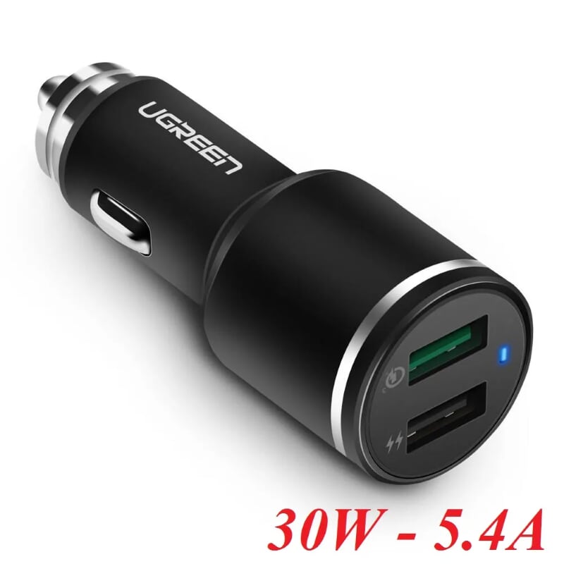 Ugreen 50421 QC3 30W 5.4A màu đen sạc xe hơi hỗ trợ usb quick charge 3.0 3A và iSmart 2.4A CD130