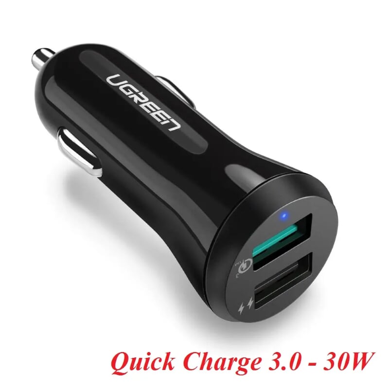 Ugreen 40309 30W qc3.0 Sạc trên ô tô 2 cổng USB hỗ trợ 2.4A + Quick Charge 3.0 màu đen CD114