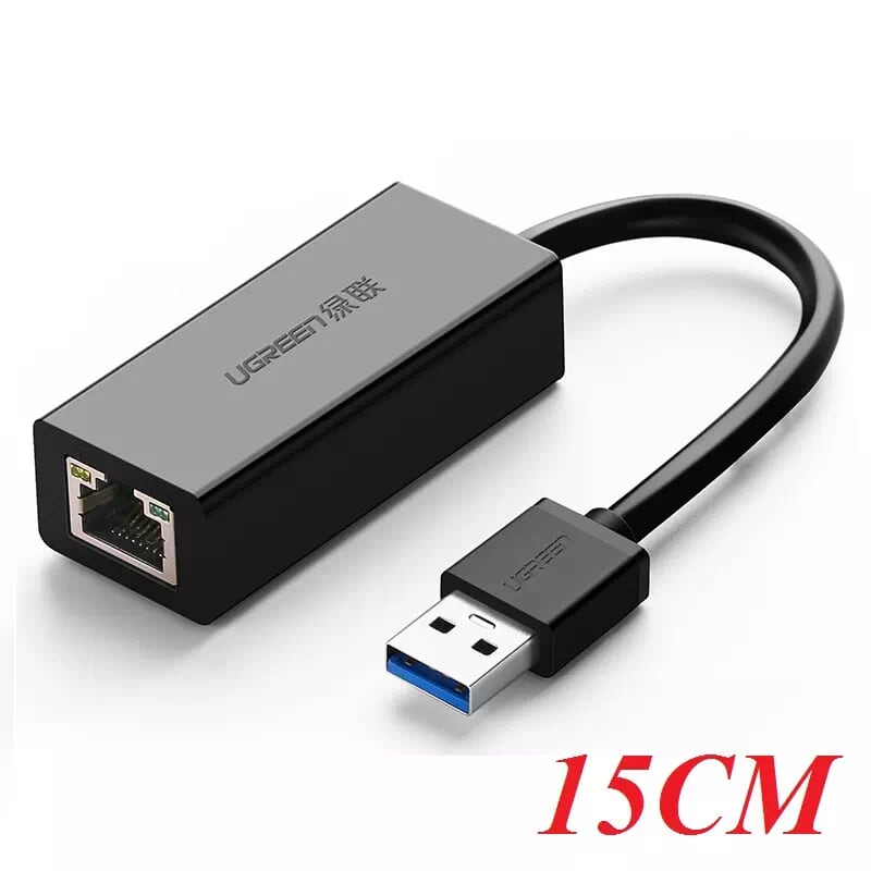 Ugreen 20256 15CM màu Đen Cáp chuyển đổi USB 3.0 sang cổng LAN RJ45 tốc độ 1000Mbps vỏ nhựa CR111