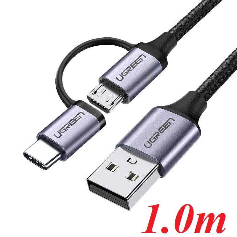 Ugreen 30875 1m cáp USB A ra Micro + Type C màu đen dây bện dù đầu bọc nhôm US177