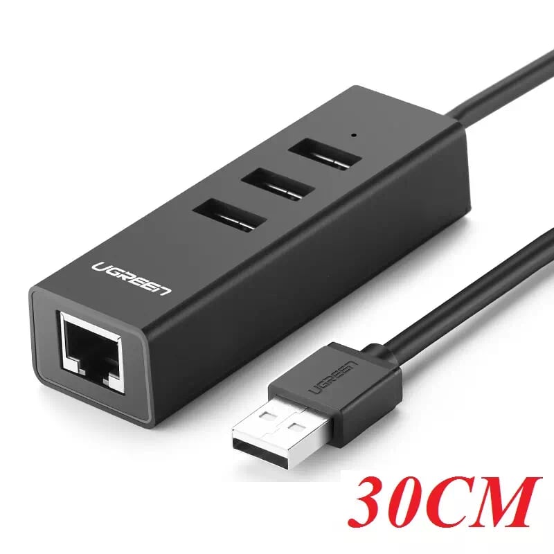 Ugreen 30298 30CM màu Đen HUB chuyển đổi USB 2.0 sang 3 USB 2.0 + LAN tốc độ 100Mbps CR129