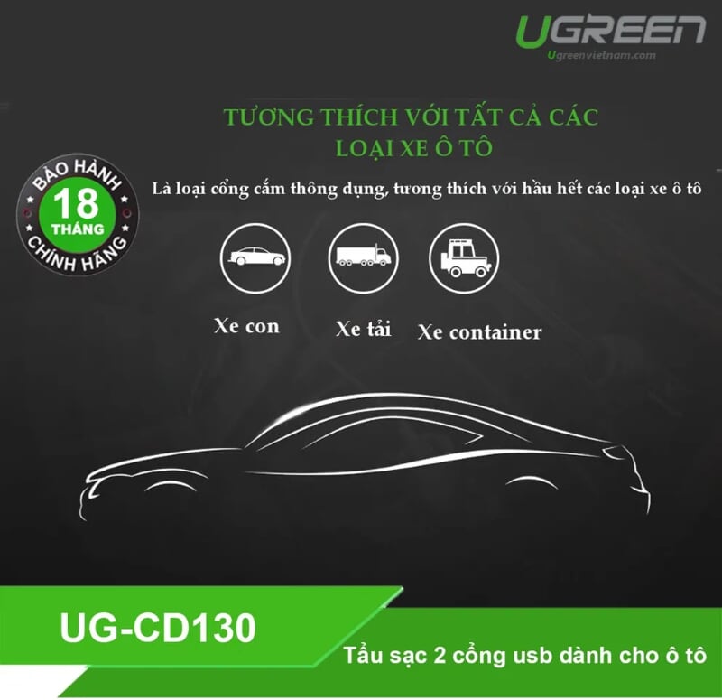 Ugreen 30514 48W màu Vàng Bộ sạc ô tô 2 cổng USB 2.4A + QC 3.0 CD130