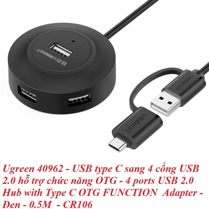 Ugreen 40962 0.5M Màu Đen Bộ chuyển đổi TYPE C sang 4 USB 2.0 + nguồn MICRO USB hỗ trợ OTG TYPE C CR106