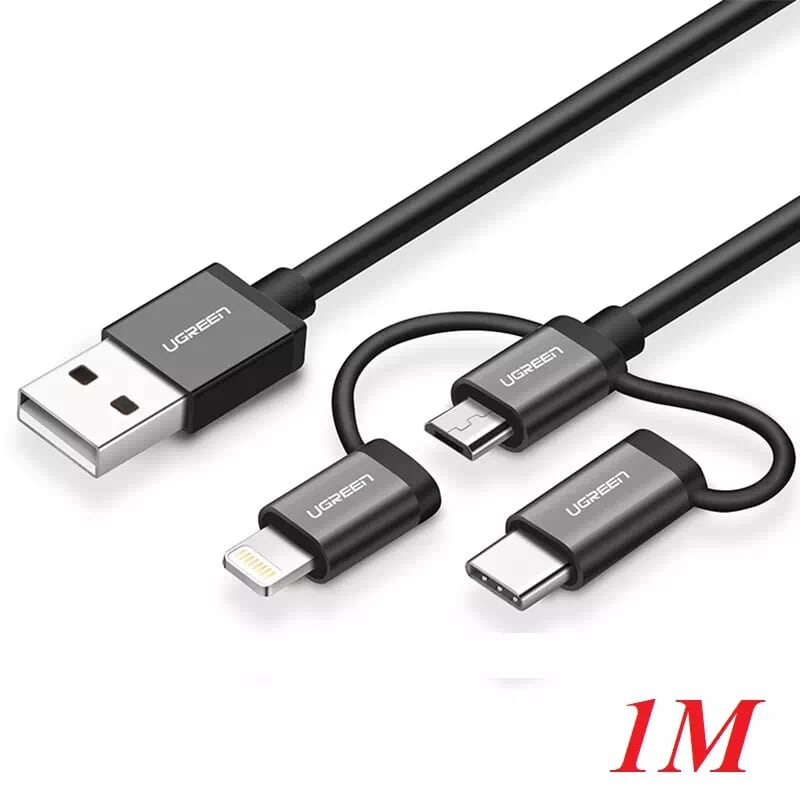 Ugreen 30784 1M màu Đen Cáp sạc đa năng USB sang TypeC + Micro + Lightning US186