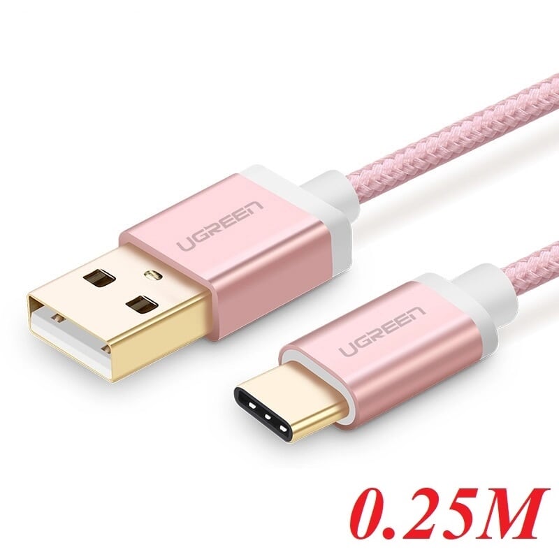 Ugreen 20864 0.25M màu Hồng Dây USB 2.0 sang Type-C đầu nhôm dây bọc vinyl US174