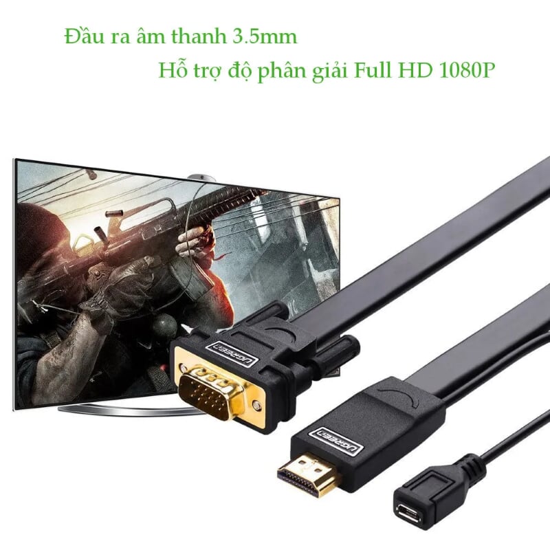 Ugreen 30449 1.5M màu Đen Cáp chuyển đỗi HDMI sang VGA kèm cổng trợ nguồn Micro USB MM101