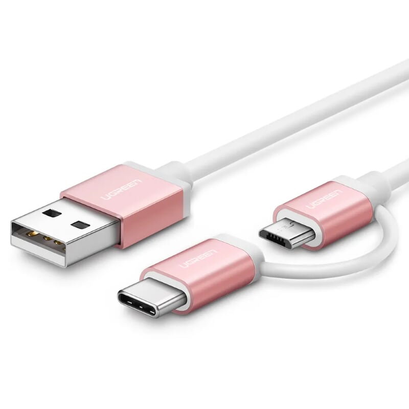 Ugreen 30543 1M màu Hồng Cáp USB-A sang Micro USB + USB-C cao cấp US177