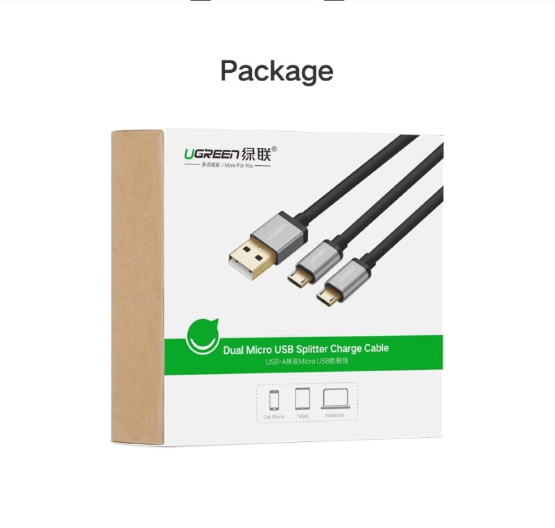 Ugreen 40347 0.5M màu Đen Cáp sạc truyền dữ liệu USB 2.0 sang 2 đầu MICRO USB cao cấp US196