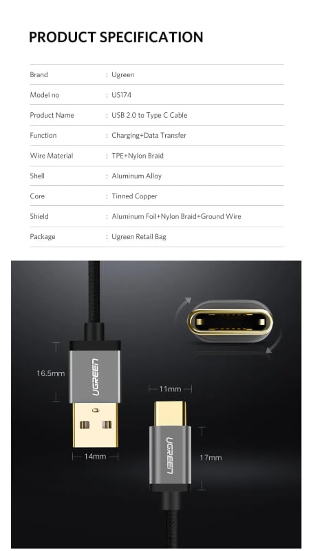 Ugreen 30878 0.25M 3A Màu Đen Cáp USB TypeC sang USB 2.0 Hỗ trợ sạc nhanh dây bên Nylon US174