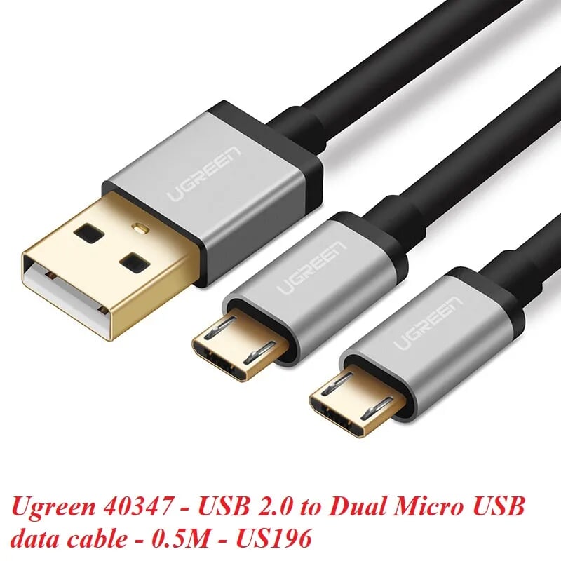 Ugreen 40347 0.5M màu Đen Cáp sạc truyền dữ liệu USB 2.0 sang 2 đầu MICRO USB cao cấp US196