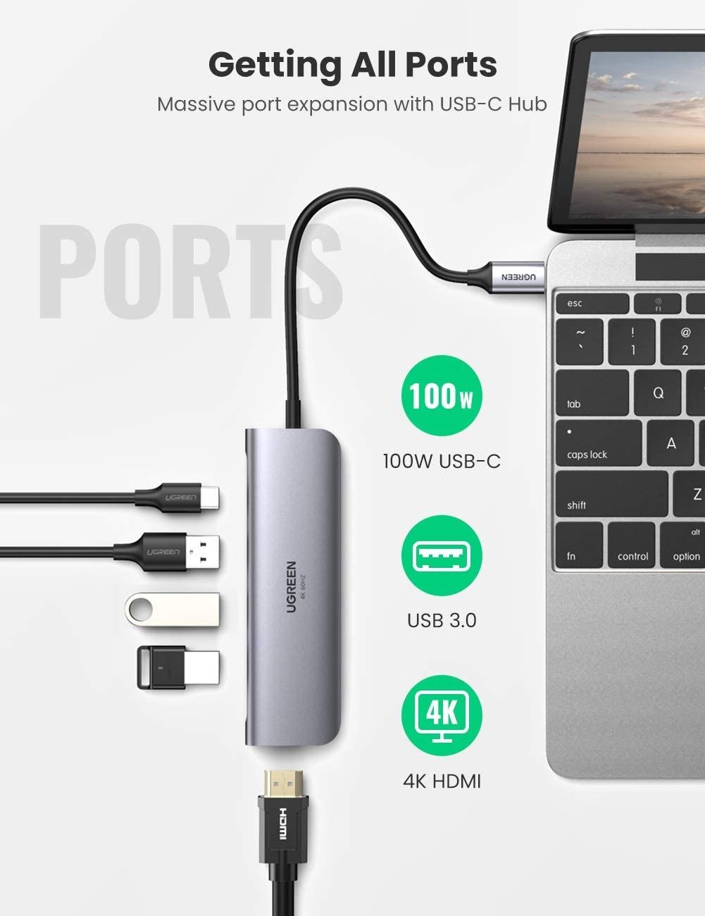 Ugreen 70495 5 trong 1 màu xám bộ chuyển USB type C ra 3*USB 3.1 sạc 100w PD 4K HDMI CM136