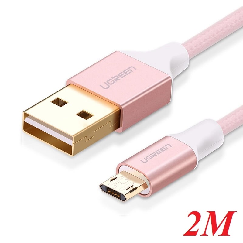 Ugreen 30857 2M màu Hồng Cáp sạc truyền dữ liệu USB 2.0 sang MICRO USB dây bọc nhựa PVC US223