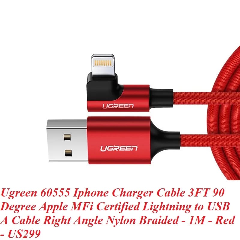 Ugreen 60555 1m cáp usb lightning bọc nhôm chống nhiễu góc 90 độ màu đỏ US299