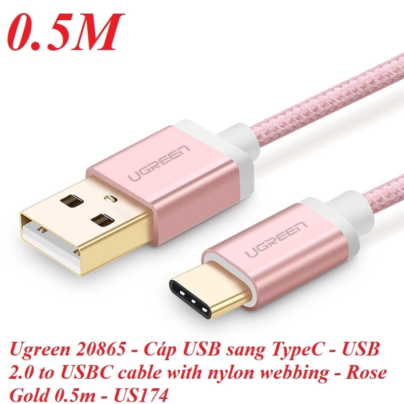 Ugreen 20865 0.5M màu Hồng Dây USB 2.0 sang Type-C đầu nhôm dây bọc vinyl US174