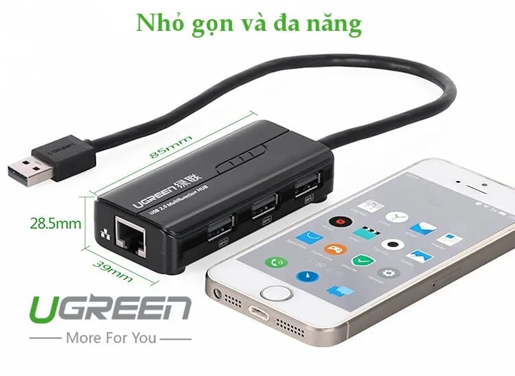 Ugreen 20264 28CM màu Đen HUB chuyển đổi USB 2.0 Sang 3 USB 2.0 + LAN cao cấp CR103