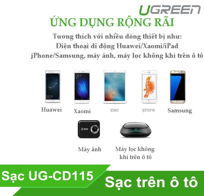 Ugreen 20394 Màu Đen Bộ sạc ô tô 2 cổng USB + 1 Cổng mở rộng 12V CD115