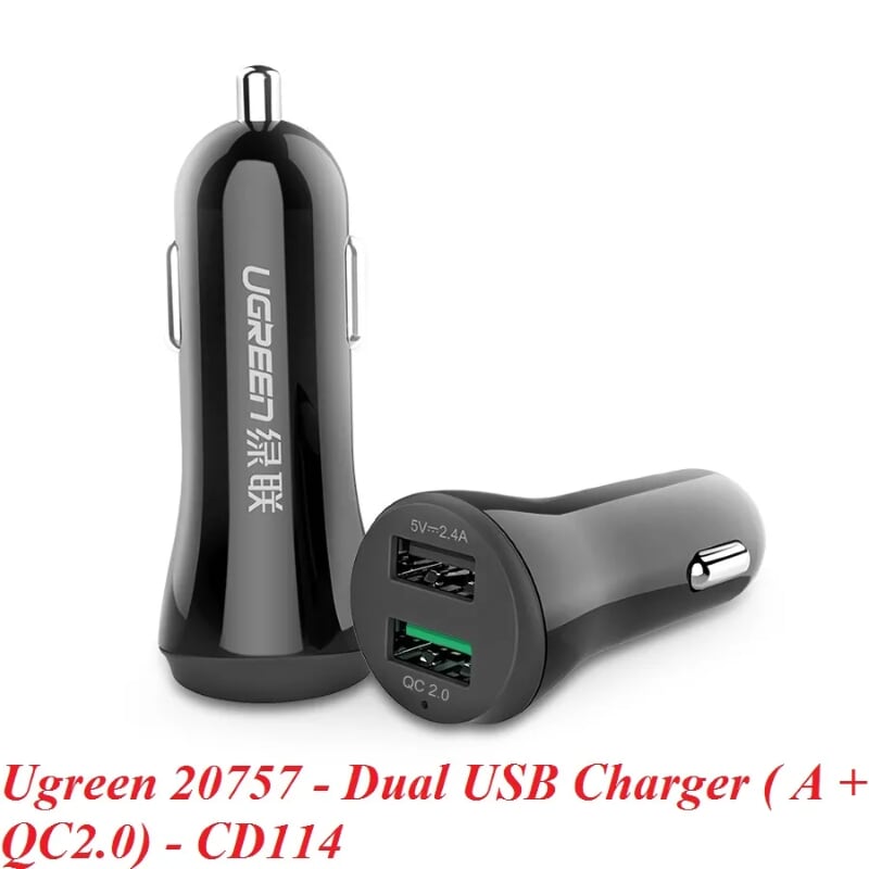 Ugreen 20757 30W màu Đen Bộ sạc ô tô 2 cổng USB 2.4A + QC 2.0 CD114