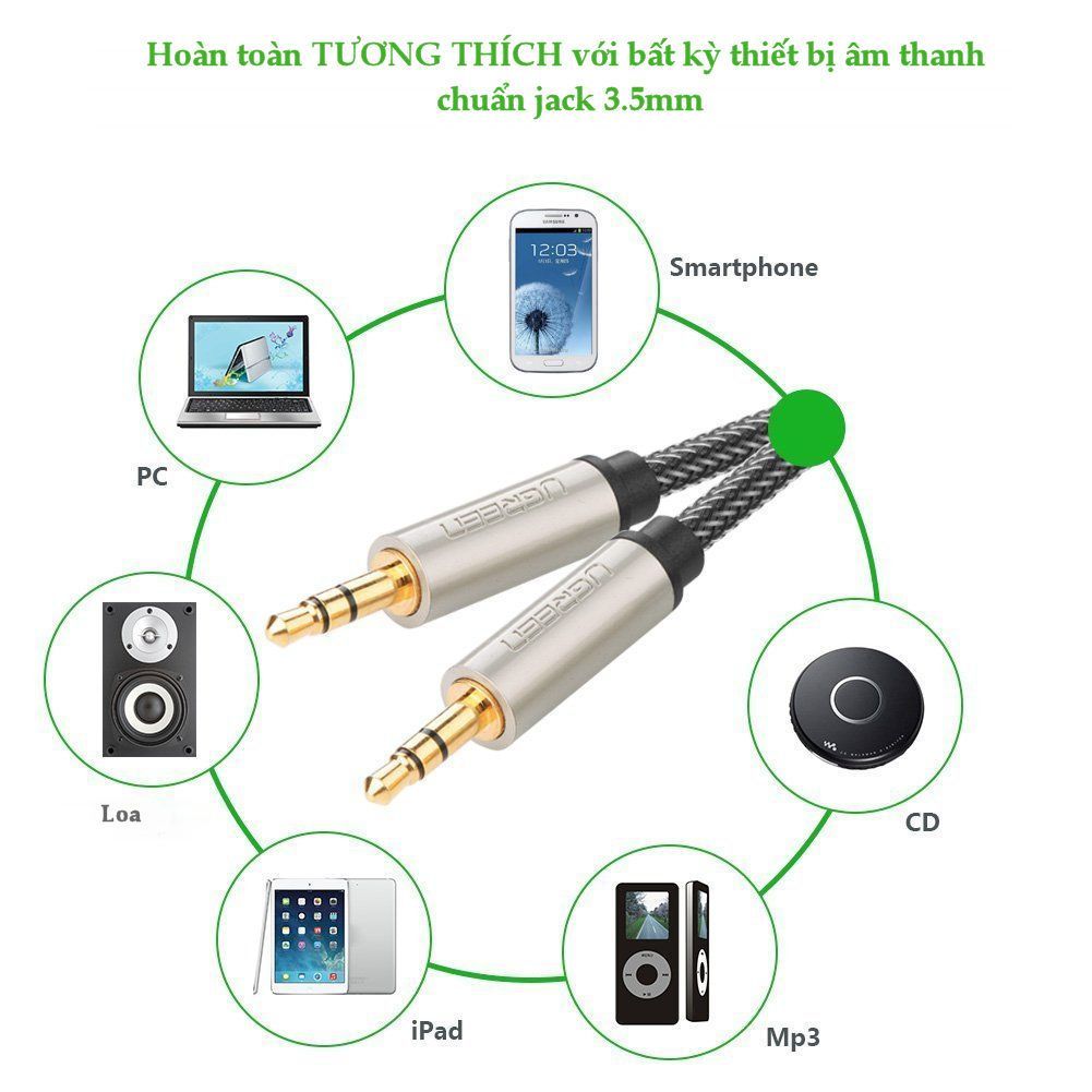 Ugreen 10602 1M màu xám đen cáp 3.5mm Pro audio đầu kim loại dây dù bọc chống nhiễu AV125