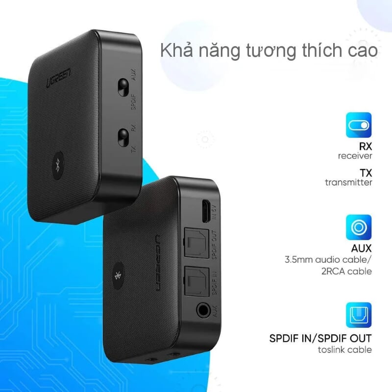 Ugreen 70158 v5.0 bộ nhận và phát bluetooth transmitter - receiver hỗ trợ spdif optical + 3.5mm và aptx CM144