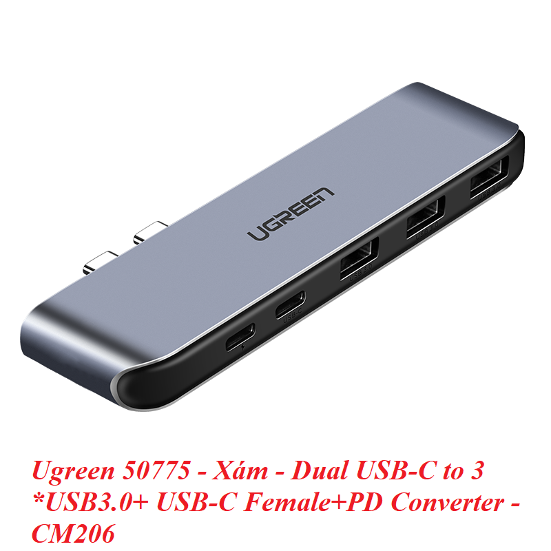 Ugreen 50775 Bộ chuyển đổi 2 TYPE C sang 3 USB 3.0 + hỗ trợ 2 nguồn TYPE C CM206