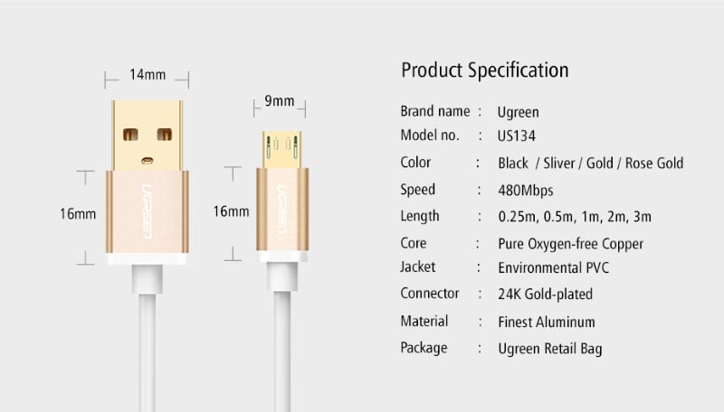 Ugreen 30661 1.5M màu Vàng Cáp sạc truyền dữ liệu USB 2.0 sang MICRO USB đầu mạ vàng US134