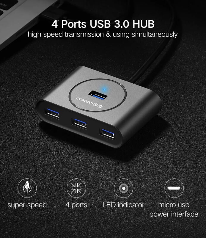 Ugreen 20290 50CM màu Đen Bộ chia HUB USB 3.0 sang 4 USB 3.0 hỗ trợ nguồn 5V CR113