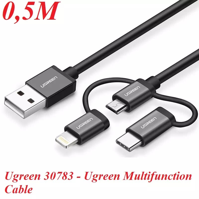 Ugreen 30783 0.5M màu Đen Cáp sạc đa năng USB sang TypeC + Micro + Lightning US186