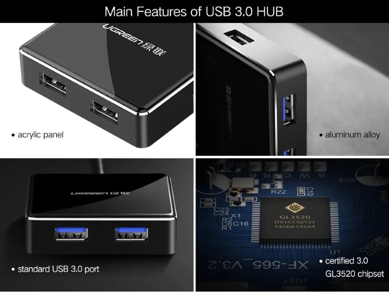 Ugreen 20787 1M màu Đen Bộ chia HUB USB 3.0 sang 4 USB 3.0 hỗ trợ nguồn 5V US168