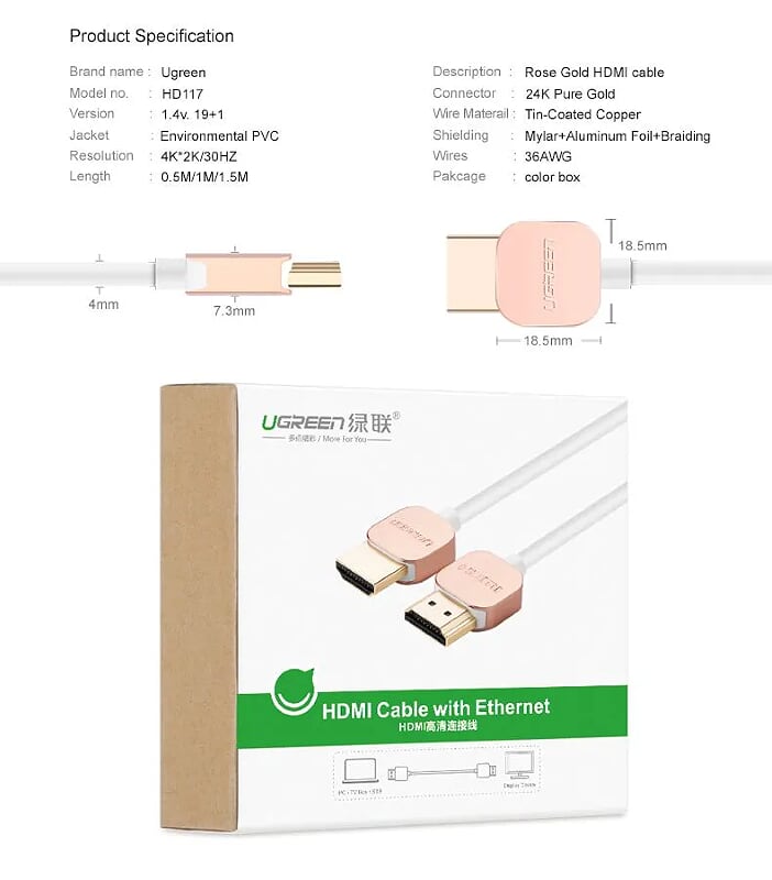 Ugreen 10473 0.5M Hdmi Cable Ultra Slim Version 2.0 19+1 HD117