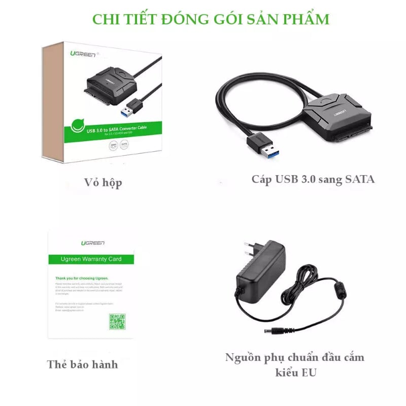 Ugreen 20611 25CM màu đen Bộ chuyền USB 3.0 sang SATA cho ổ cứng có hỗ trợ nguồn 20611