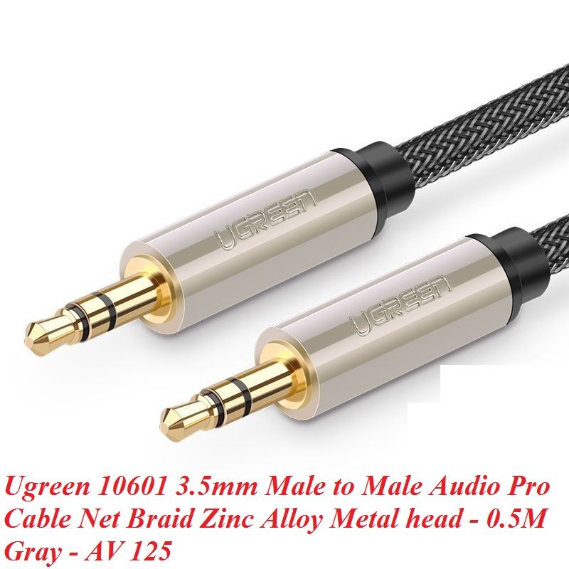 Ugreen 10601 0.5M màu xám đen cáp 3.5mm Pro audio đầu kim loại dây dù bọc chống nhiễu 50cm AV125