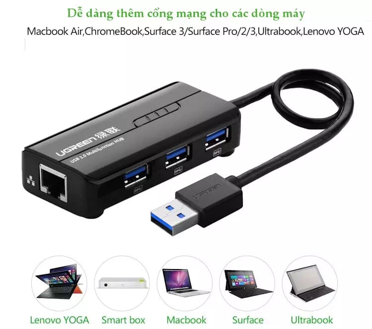 Ugreen 20266 28CM màu Đen HUB chuyển đổi USB 3.0 Sang 3 USB 3.0 + LAN cao cấp CR103