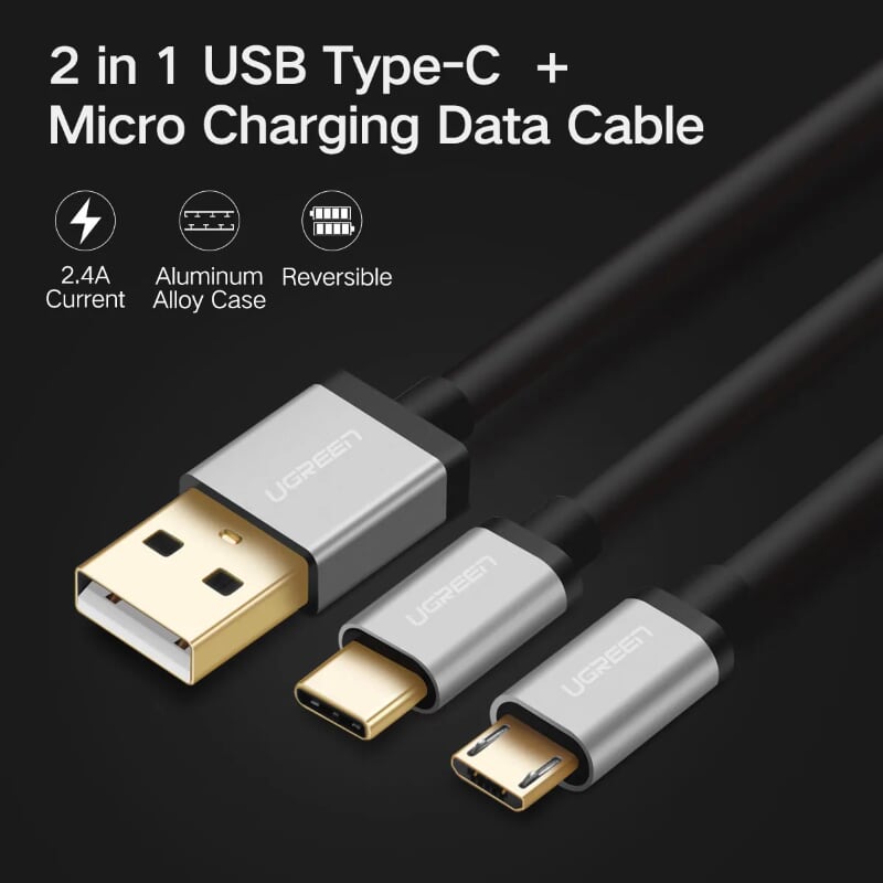 Ugreen 30573 1.5m màu xanh Cáp dữ liệu USB 2trong1 micro+ Type-C truyền dữ liệu từ máy tính ra điện thoại US196