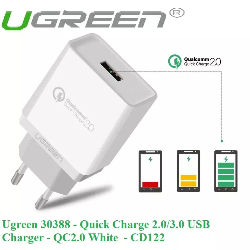 Ugreen 30388 18W màu Trắng Củ sạc nhanh cổng USB chuẩn QC 3.0 CD122