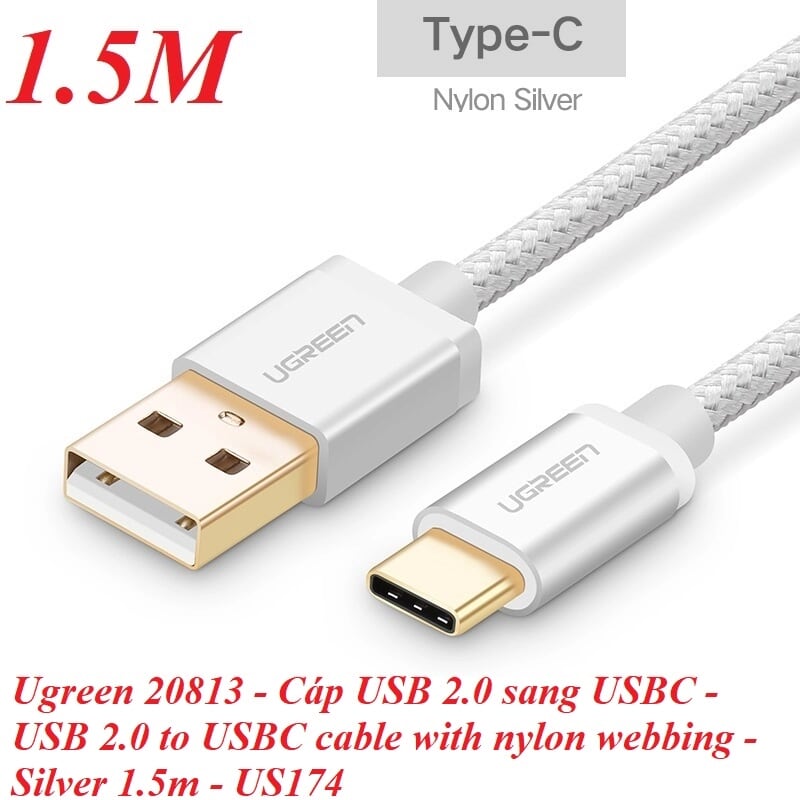 Ugreen 20813 1.5M màu Trắng Dây USB 2.0 sang Type-C đầu nhôm dây bọc vinyl US174