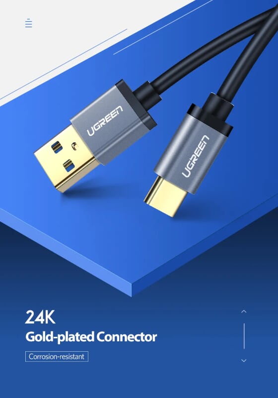 Ugreen 30533 1M màu Đen Cáp dữ liệu USB Type-C sang USB 3.0 truyền dữ liệu từ máy tính ra điện thoại US187