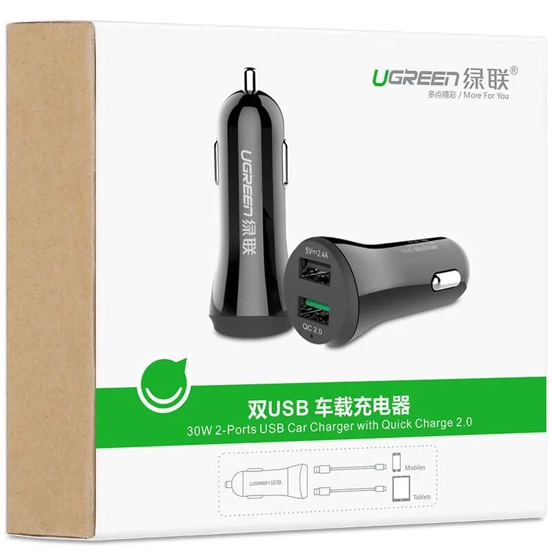 Ugreen 20392 màu Đen Bộ sạc ô tô 2 cổng USB nhựa ABS chống cháy CD114