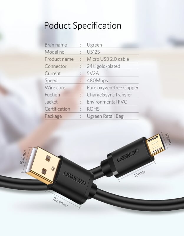 Ugreen 10836 1M màu Đen Cáp sạc truyền dữ liệu USB 2.0 sang MICRO USB lõi đồng US125