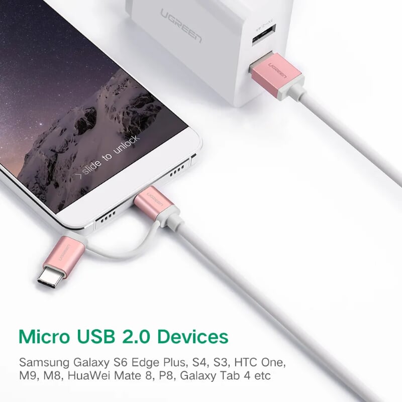 Ugreen 30542 0.5M màu Hồng Cáp USB-A sang Micro USB + USB-C cao cấp US177