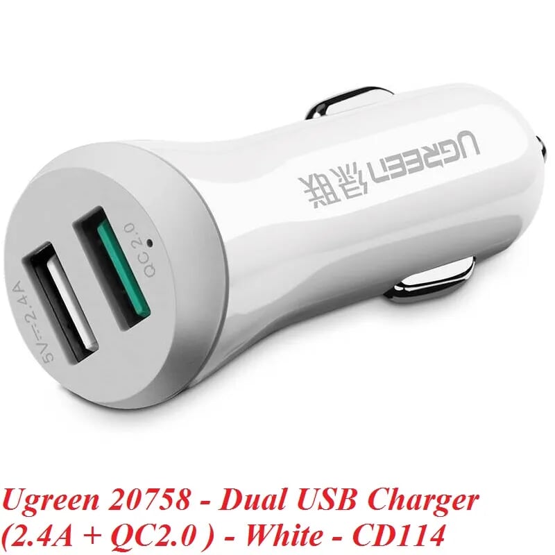 Ugreen 20758 30W màu Trắng Bộ sạc ô tô 2 cổng USB 2.4A + QC 2.0 CD114