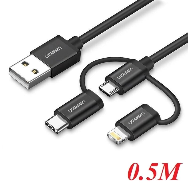 Ugreen 50204 0.5M Màu Đen Cáp sạc đa năng USB sang TypeC + Micro + Lightning có Chip MFI US186